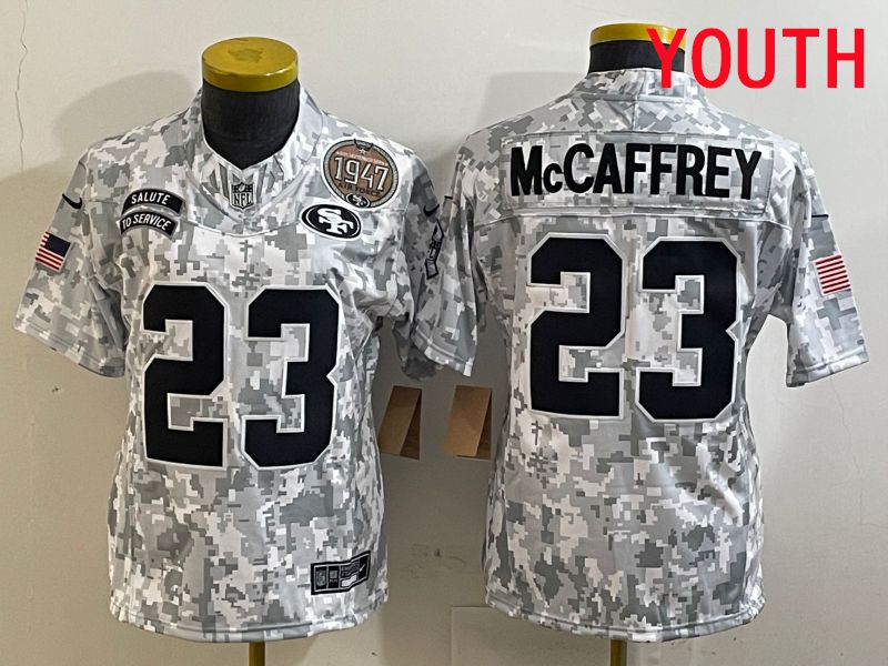 Youth San Francisco 49ers 23 Mccaffrey Nike Arctic Camo 2025 Salute to Service Limited NFL Jersey style 2